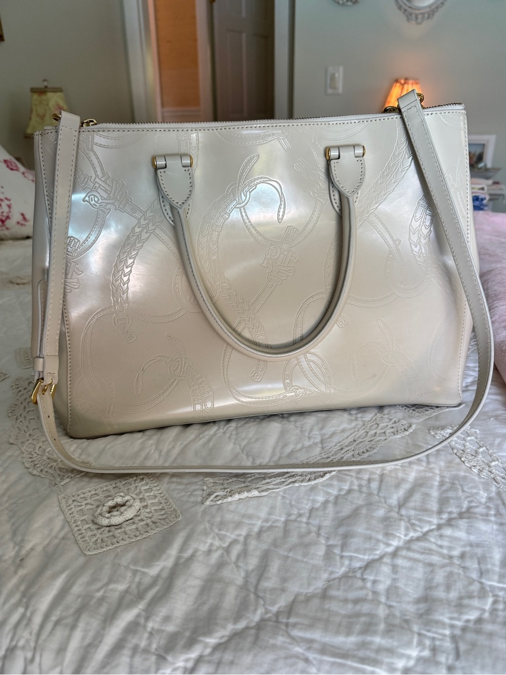 Ralph Lauren “Taylor, Belti Double-Zip Embossed Leather Satchel” in Ivory - Picture 10 of 17